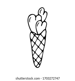 Hand drawn ice cream waffle in the shape of hearts isolated on a white background. Doodle, simple outline illustration. It can be used for decoration of textile, paper.