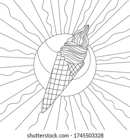 Hand drawn ice cream in a waffle cone on white isolated background with simple lines and wavy patterns. Food summer illustration. For coloring book pages.