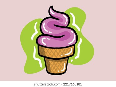 Hand drawn ice cream in a waffle cone. Icecream in pink colors isolated on pink background idea for a poster, postcard, t-shirt.