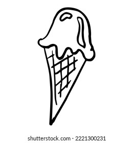 Hand drawn ice cream in waffle cone, doodle icon vector
