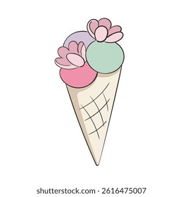 Hand drawn ice cream in a waffle cone vector illustration.