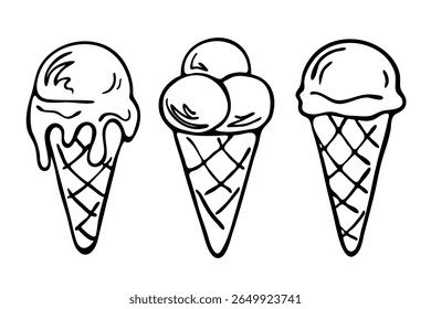 Hand drawn ice cream in waffle cone, doodle sketch isolated on white. One melted ice ball in waffle cone and three gelato scoops. Black and white line drawing. Vector clipart.