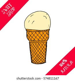 Hand drawn ice cream with waffle and big ice cream ball. Vector stock illustration. Sweet shop collection. Frozen yogurt.