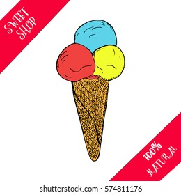 Hand drawn ice cream with waffle and big ice cream ball. Vector stock illustration. Sweet shop collection. Frozen yogurt.
