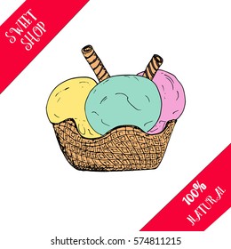 Hand drawn ice cream with waffle and big ice cream balls. Vector stock illustration. Sweet shop collection. Colored sketch.