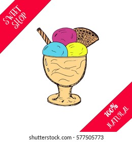 Hand drawn ice cream with waffle and big ice cream balls. Vector stock illustration. Sweet shop collection. Colored sketch.