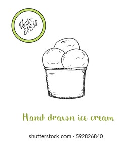 Hand drawn ice cream with waffle and big ice cream balls. Vector stock illustration. Sweet shop collection. Frozen yogurt.