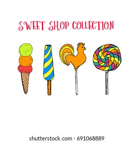 Hand drawn ice cream with waffle and big ice cream ball and lollipops. Vector stock illustration. Sweet shop collection. Frozen yogurt