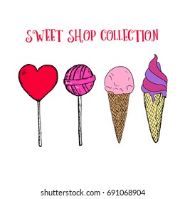 Hand drawn ice cream with waffle and big ice cream ball and lollipops. Vector stock illustration. Sweet shop collection. Frozen yogurt