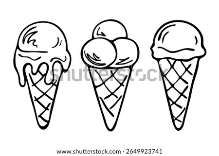 Hand drawn ice cream in waffle cone, doodle sketch isolated on white. One melted ice ball in waffle cone and three gelato scoops. Black and white line drawing. Vector clipart.