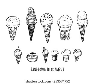 Hand drawn ice creams doodle set.