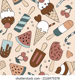 Hand drawn ice creams seamless vector pattern. Perfect for textile, wallpaper or print design.
