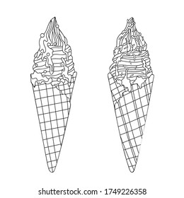 Hand drawn ice creams in waffle cone with chocolate, strawberry topping, corn balls. Summer food tasty objects. For coloring book pages, cover, card, banner.