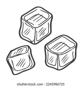 Hand Drawn Ice Cube Isolated Vector Illustration on White Background. Outline Ice Cubes, Flat Style