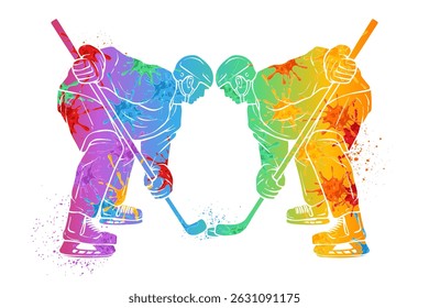 Hand drawn ice hockey players silhouette in colorful abstract theme with bright splashes competing during a professional match