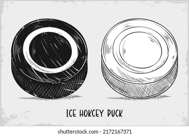 Hand drawn Ice Hockey puck sketch isolated on white background, Detailed vintage etching drawing