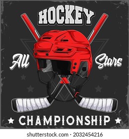 Hand drawn Ice Hockey red helmet and crossed sticks with hockey all stars championship text