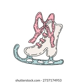 Hand drawn ice skate boot with pink ribbon bow. Figure skating winter skating sports equipment. Doodle isolated vector illustration.


