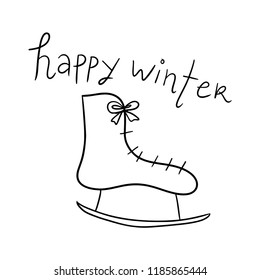 hand drawn ice skates with a ribbon and hand written happy winter
