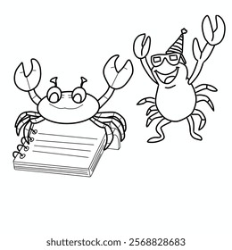 Hand drawn ice two crabs, notebook, happy, on the beach Coloring book. Coloring Page for adults and kids. Coloring sheet for relief and relaxation