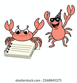 Hand drawn ice two crabs, notebook, happy, on the beach Coloring book. Coloring Page for adults and kids. Coloring sheet for relief and relaxation