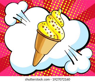 Hand drawn ice-cream cone. Vector Fast Food sketch. Comic book style, pop art retro vector illustration