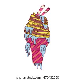 Hand drawn a icecream filled with sour cream melted sloppy flow. Vector illustration graffiti perfect funny Doodle stylized.
