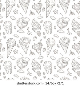 Hand drawn icecream seamless pattern. Ice-cream sundae, scoops, waffle cone in line art style. Ice cream sketches isolated on white background. Vector illustration.