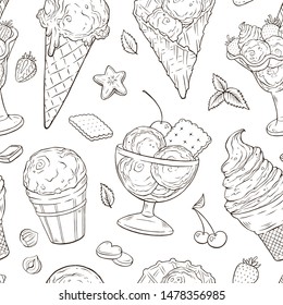 Hand drawn icecream seamless pattern. Ice-cream sundae, scoops, waffle cone in line art style. Ice cream sketches isolated on white background. Vector illustration.