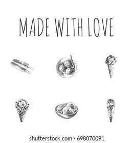 Hand Drawn Icecream Sketches Set. Collection Of Coffee, Truffle, Desert And Other Sketch Elements.