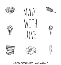 Hand Drawn Icecream Sketches Set. Collection Of Sundae, Dessert, Ice Cream And Other Sketch Elements.