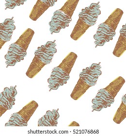 Hand drawn ice-cream in vintage style vector illustration seamless pattern