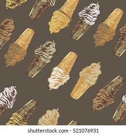 Hand drawn ice-cream in vintage style vector illustration seamless pattern