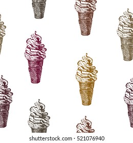 Hand drawn ice-cream in vintage style vector illustration seamless pattern