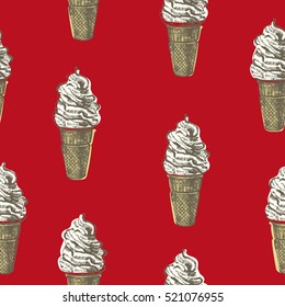 Hand drawn ice-cream in vintage style vector illustration seamless pattern