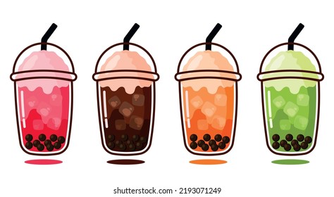 Hand Drawn Iced Bubble Tea in Strawberry Chocolate, Green Tea Thai Tea in Cup with Straw Set Collection Graphic Illustration Image