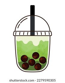 Hand Drawn Iced Bubble Thai Green Tea in Cup with Black Straw and Outline Cute Cartoon Graphic Illustration Isolated on White Background