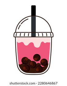 Hand Drawn Iced Bubble Thai Pink Strawberry in Cup with Black Straw and Outline Cute Cartoon Graphic Illustration Isolated on White Background