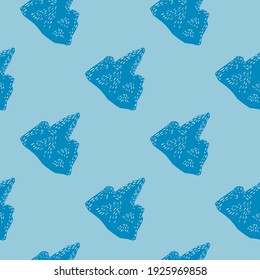 Hand drawn iceland ocean seamless pattern with doodle iceberg ornament. Blue palette cold winter backdrop. Great for fabric design, textile print, wrapping, cover. Vector illustration.