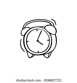 Hand drawn icon of alarm clock in doodle style isolated on white background.