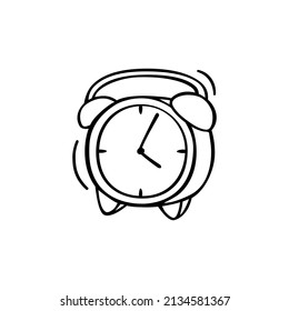 Hand drawn icon of alarm clock in doodle style isolated on white background.