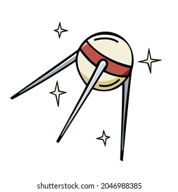 Icono dibujado a mano del satélite artificial de la Tierra en estilo doodle aislado en fondo blanco.