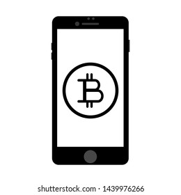 Hand drawn icon of bitcoin which placed on smartphone monitor. Vector illustration