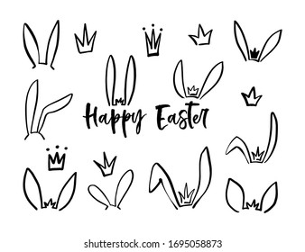 Hand Drawn Icon With Black Easter Bunny Ears Crown. Vector Doodle Illustration. Outline Kids Graphic. Bunny Ears Mask. Hare Easter Isolated Elements On White Background.