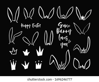 Hand Drawn Icon With Black Easter Bunny Ears Crown. Vector Doodle Illustration. Outline Kids Graphic. Bunny Ears Mask. Hare Easter Isolated Elements On Black Chalk Background.