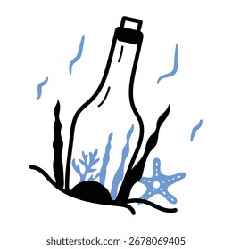 Icono dibujado a mano de botella flotando en las olas del océano.

