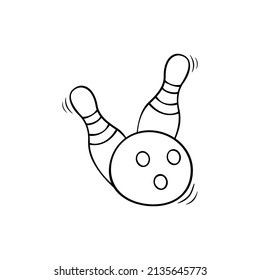 Hand drawn icon of bowling ball and bowling pins in doodle style isolated on white background.