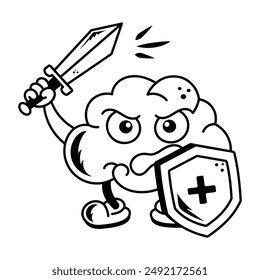 A hand drawn icon of brain holding protective shield 