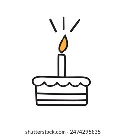 Hand drawn icon of a cake with a candle, isolated on a white background. Happy birthday greeting birthday logo. Web design, print, textile, social media, greeting card.