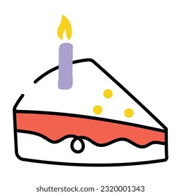 Hand drawn icon of cake slice with candle 